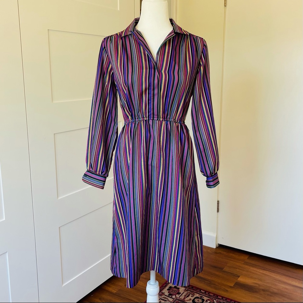 Vintage Purple Multi-Stripe Long Sleeve Dress